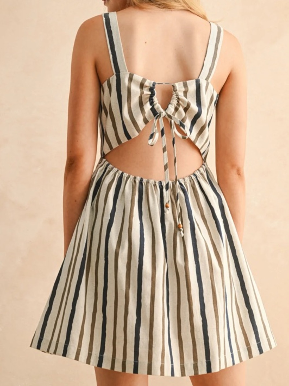 Miou Muse Eloise Navy & Brown Striped Linen Blend Dress. Size Medium